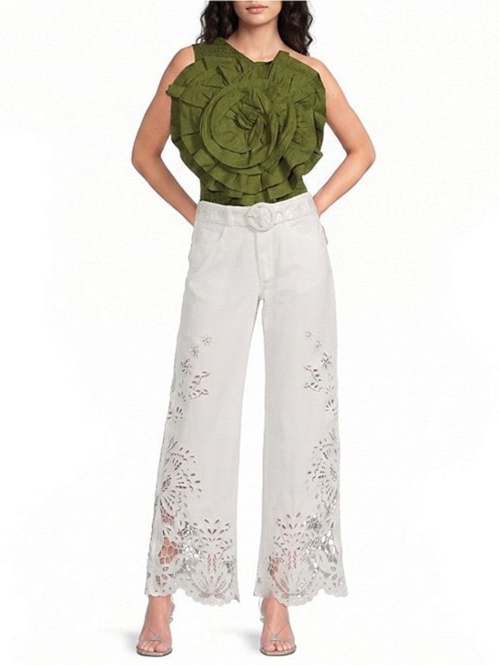 Farm Rio High Rise Embroidered Eyelet off-white Denim Wide Leg Pants - size 26 - Picture 6 of 13